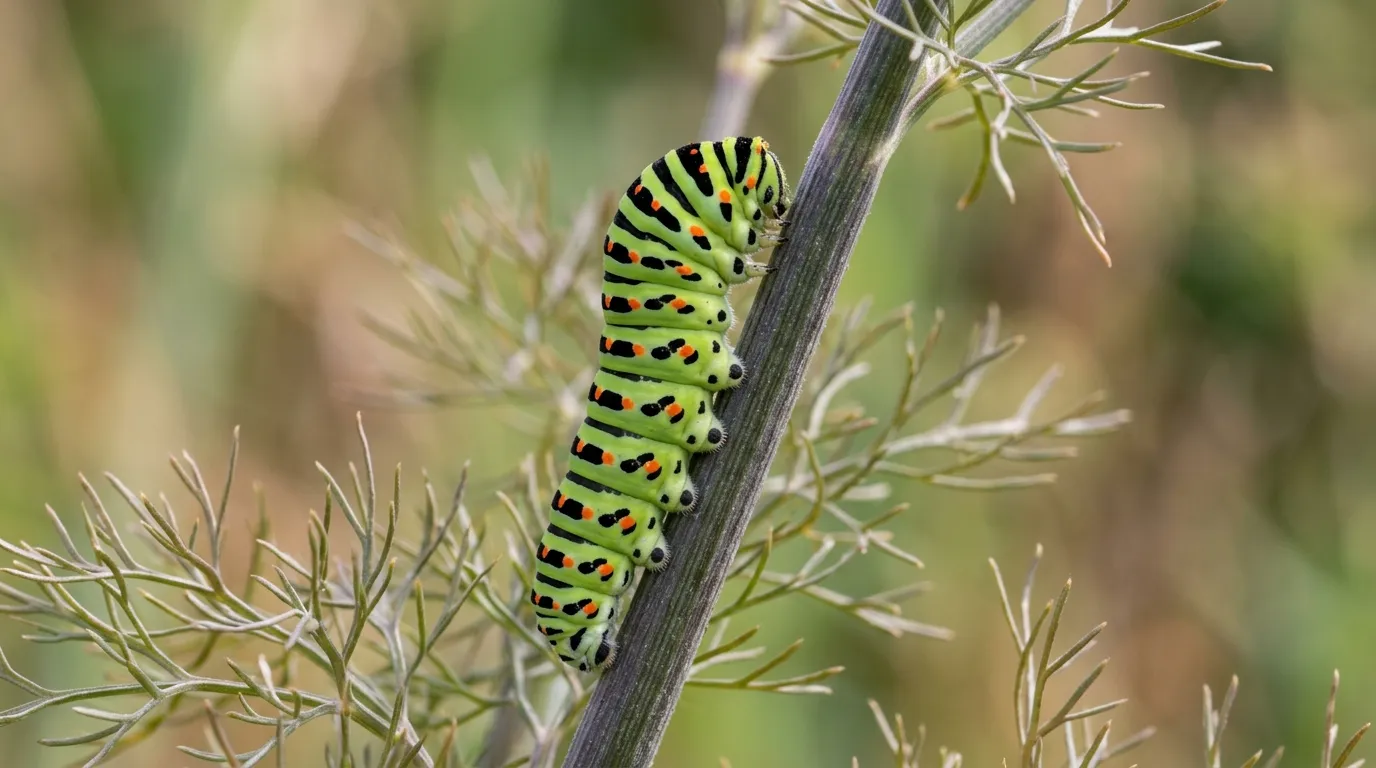 Mature European swallowtail caterpillar with green body and black bands dotted with orange spots feeding on a fennel stem
