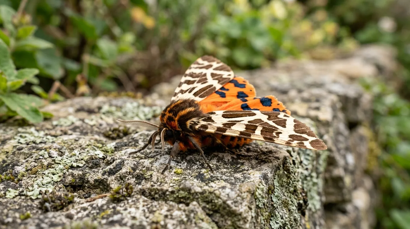 Garden tiger moth showing cream and brown forewing and orange hindwings with spots