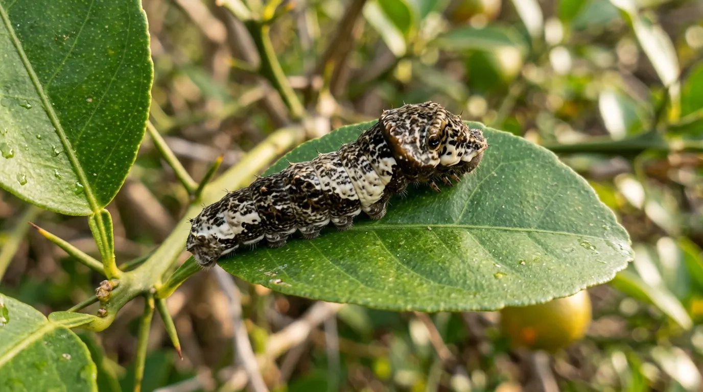 Giant swallowtail caterpillar in bird-dropping mimicry stage on a citrus leaf
