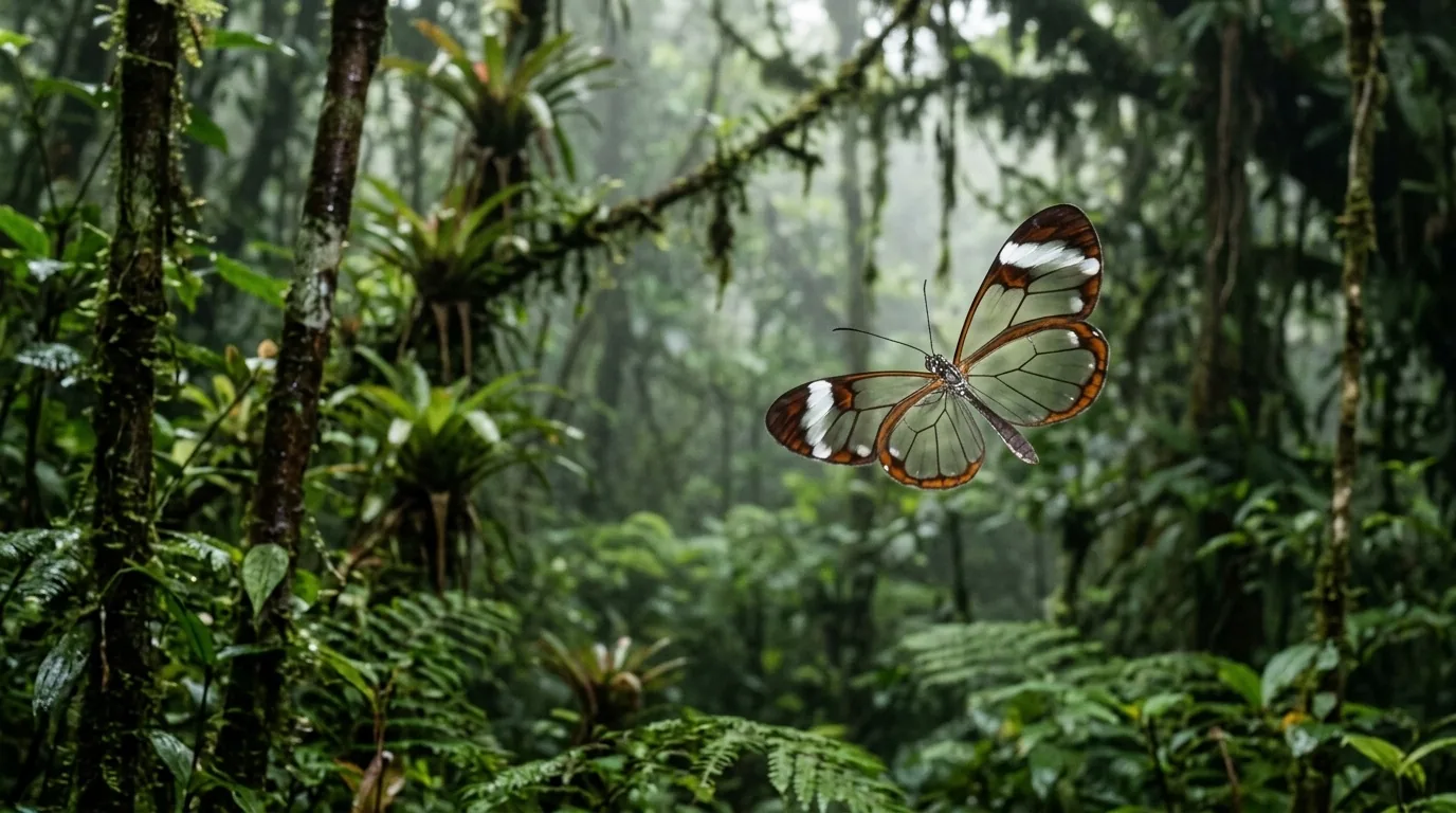 Glasswing butterfly in flight through misty cloud forest showing wing transparency