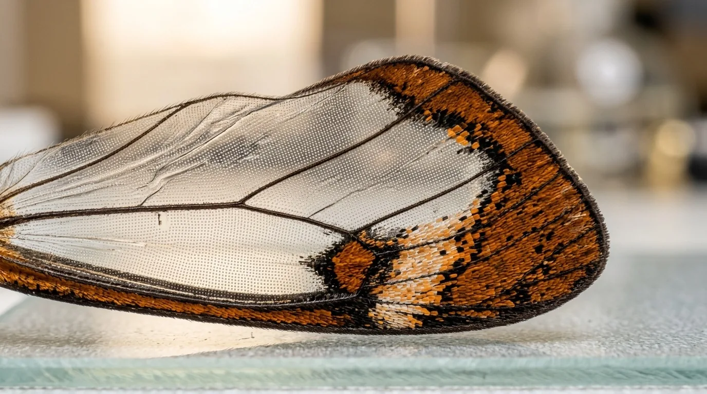 Glasswing butterfly wing transparency close-up showing brown border and clear membrane