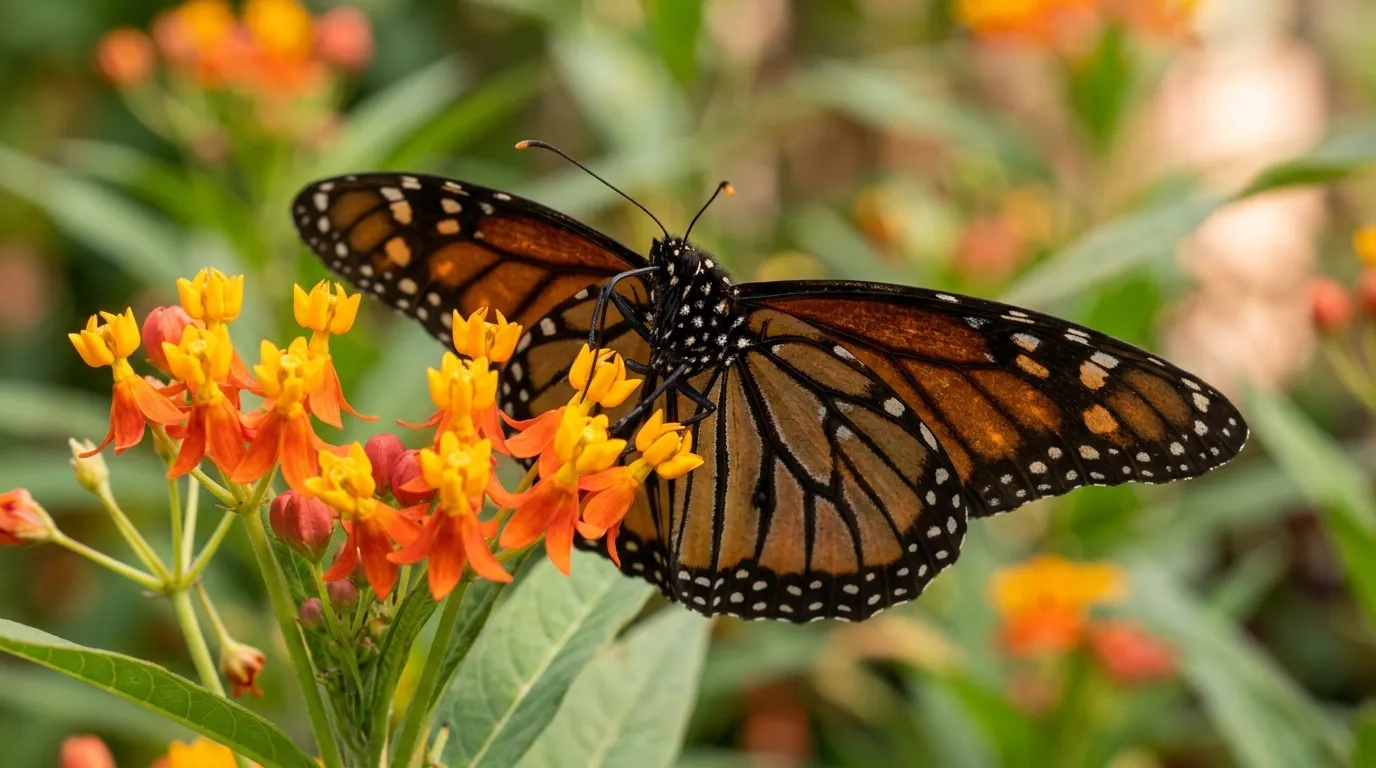 Jamaican monarch butterfly nectaring on tropical milkweed Asclepias curassavica