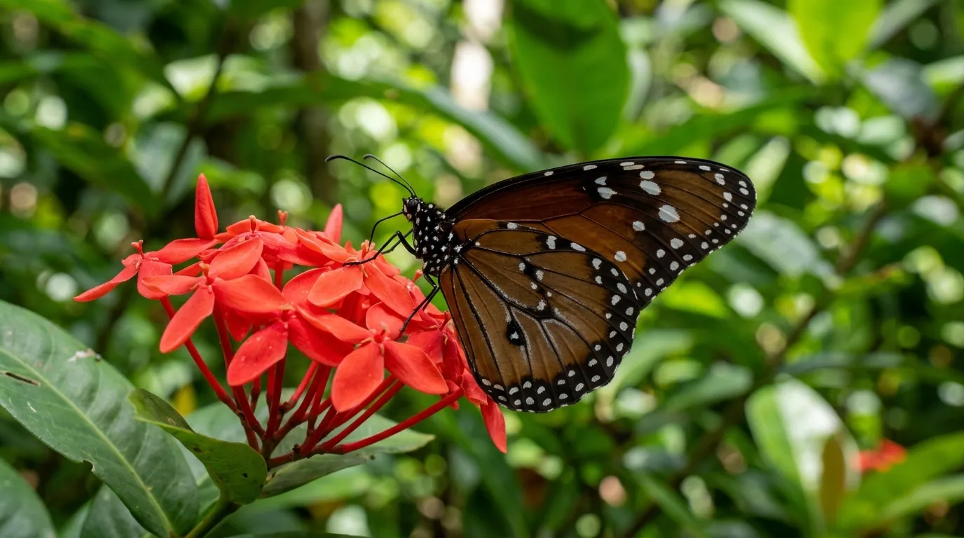 Jamaican monarch butterfly (Danaus cleophile) showing dark chocolate-brown wings with white margin spots on a tropical flower