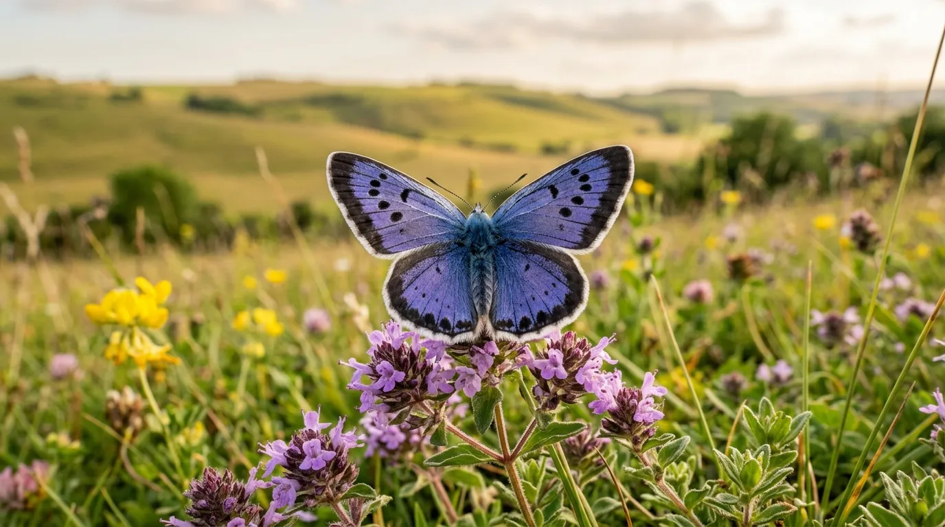 Large Blue butterfly perched on wild thyme flowers in an English chalk grassland meadow