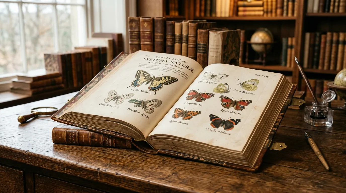 Antique copy of Carl Linnaeus Systema Naturae open to a page describing butterfly species