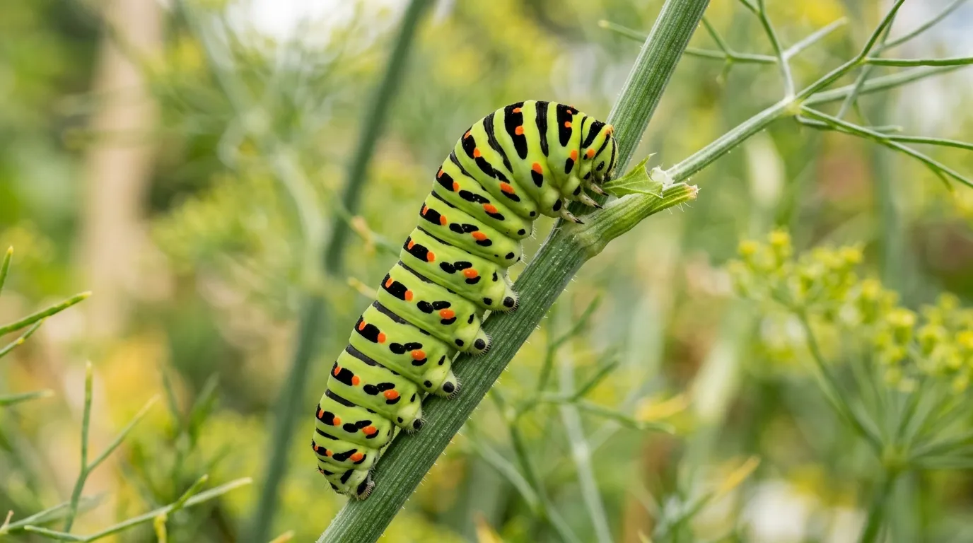 Papilio machaon caterpillar with green body and orange spots on a fennel stem