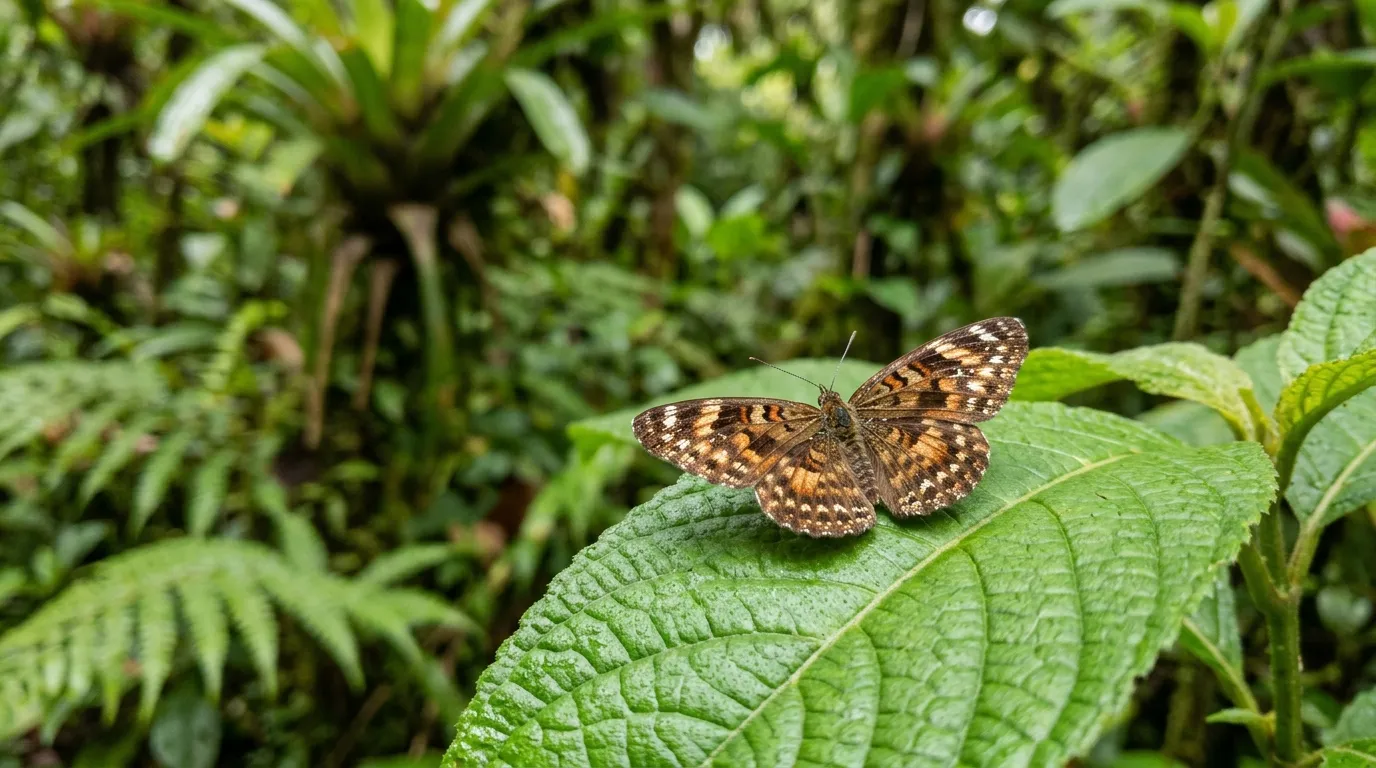 Metalmark butterfly with wings spread showing metallic spots on a tropical leaf
