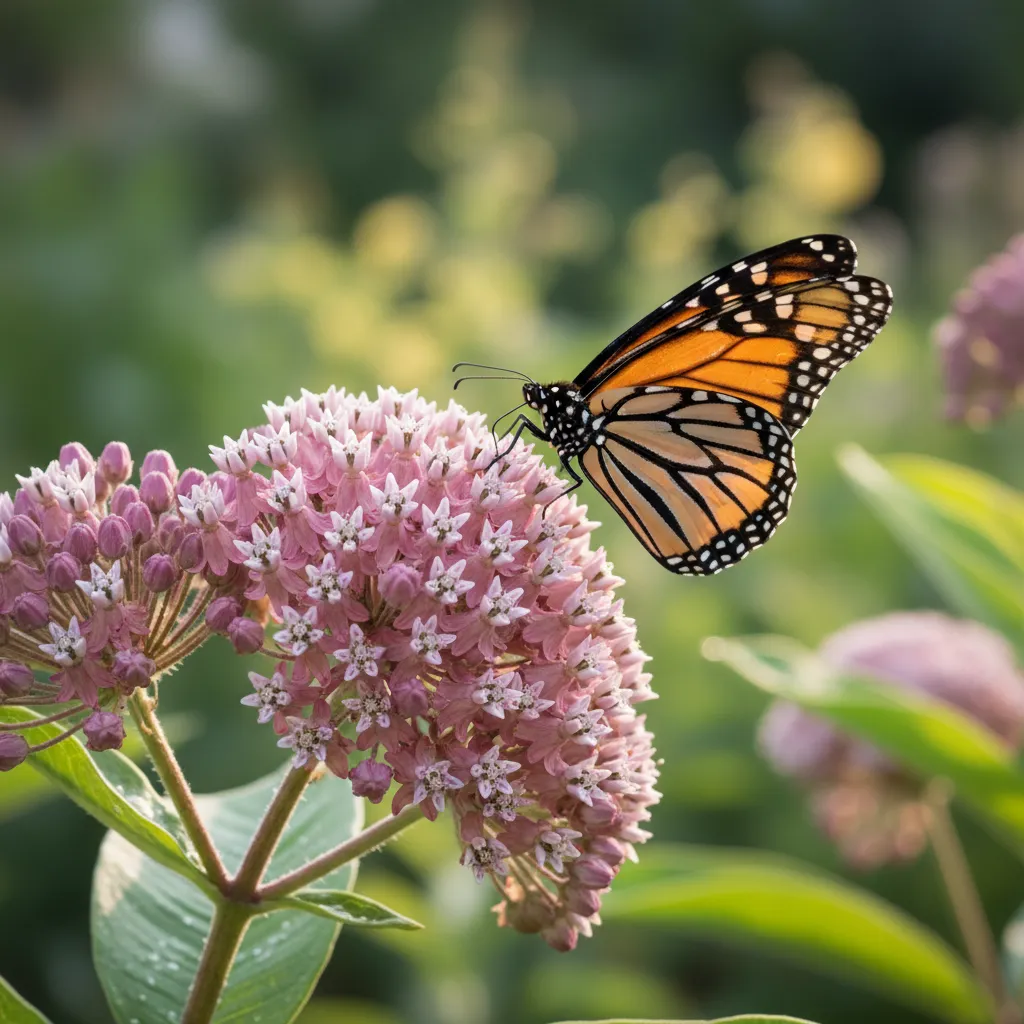 milkweed plant in bloom with monarch butterfly