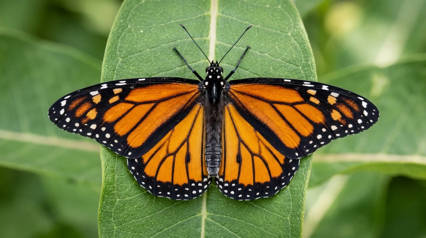 Top-down view of monarch butterfly with wings spread showing head, thorax, abdomen, and wing structure