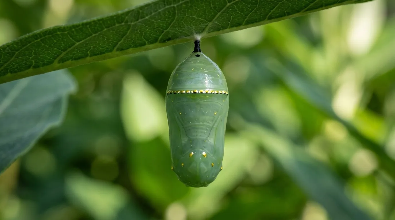 Monarch butterfly chrysalis showing jade green color and metallic gold structural dots