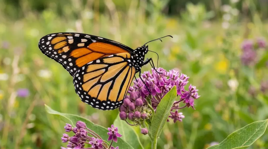 Monarch butterfly with spread wings showing aposematic orange and black warning colors