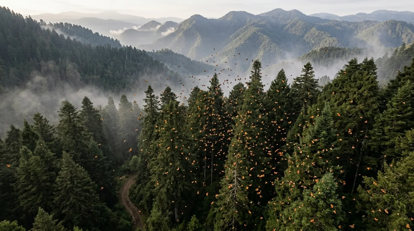 Oyamel fir forest in Mexico with monarch butterflies flying between trees at overwintering site