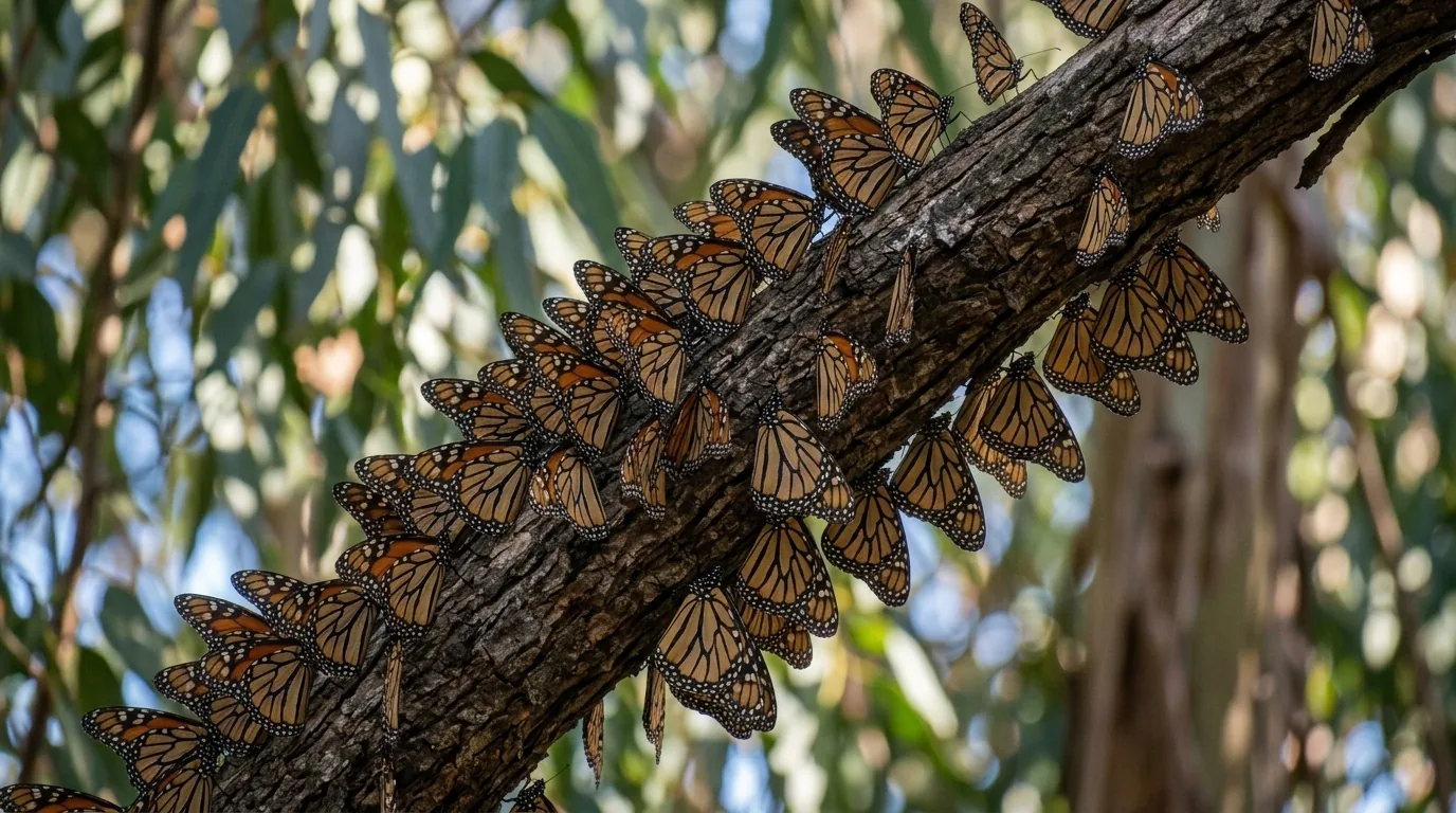 Monarch butterflies roosting in tight cluster on eucalyptus branch showing closed wings