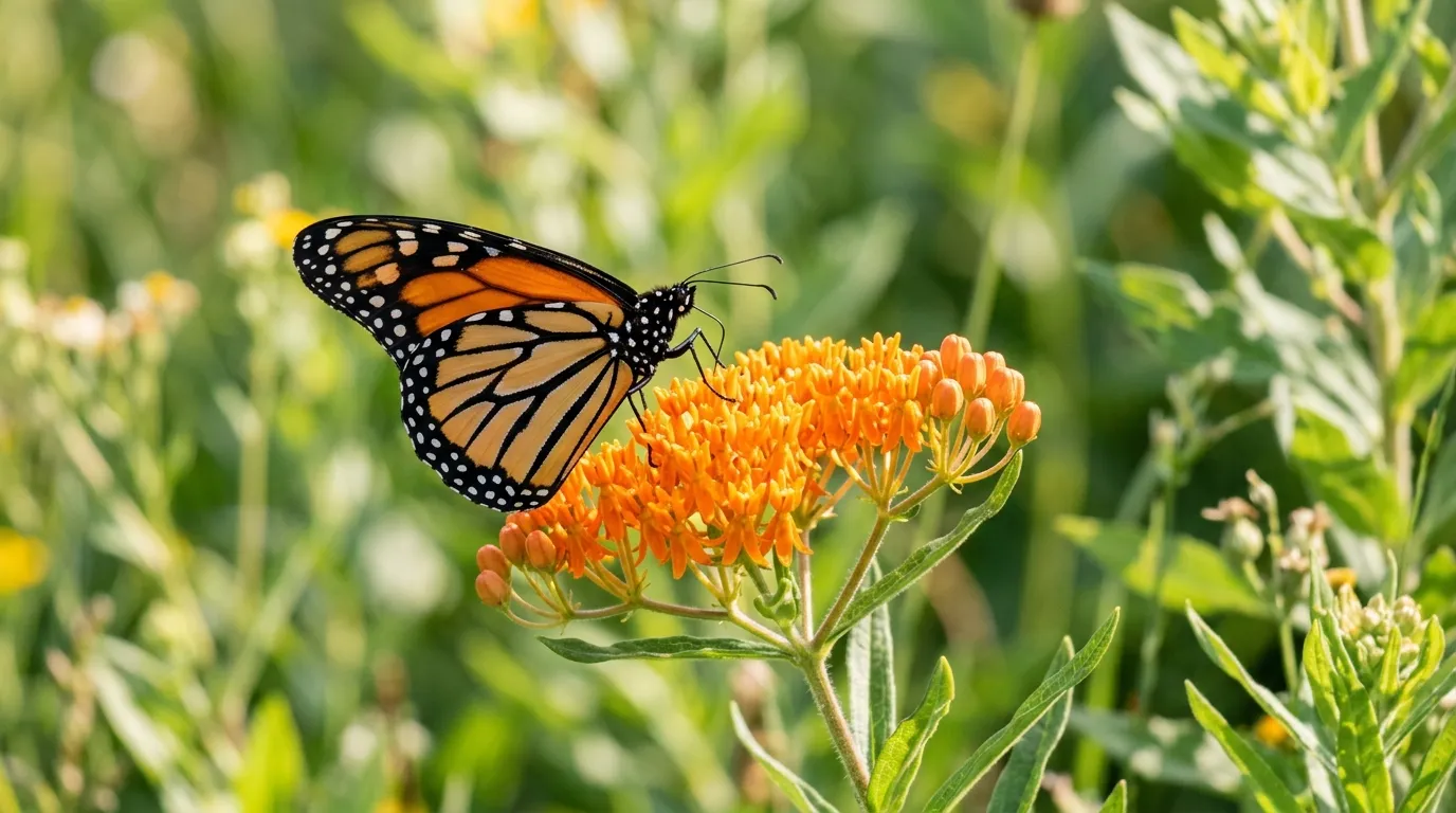 Adult monarch butterfly perched on orange milkweed flower in summer sunlight showing wing pattern detail