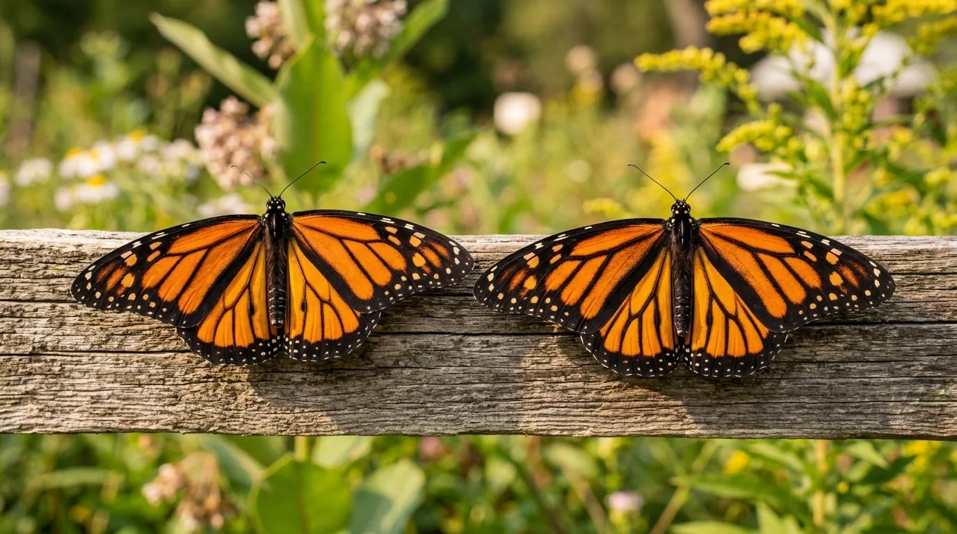 Male and female monarch butterfly side by side showing scent patch and vein thickness differences