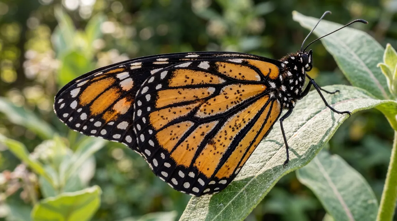 Monarch butterfly wing showing OE parasite spore damage under magnification