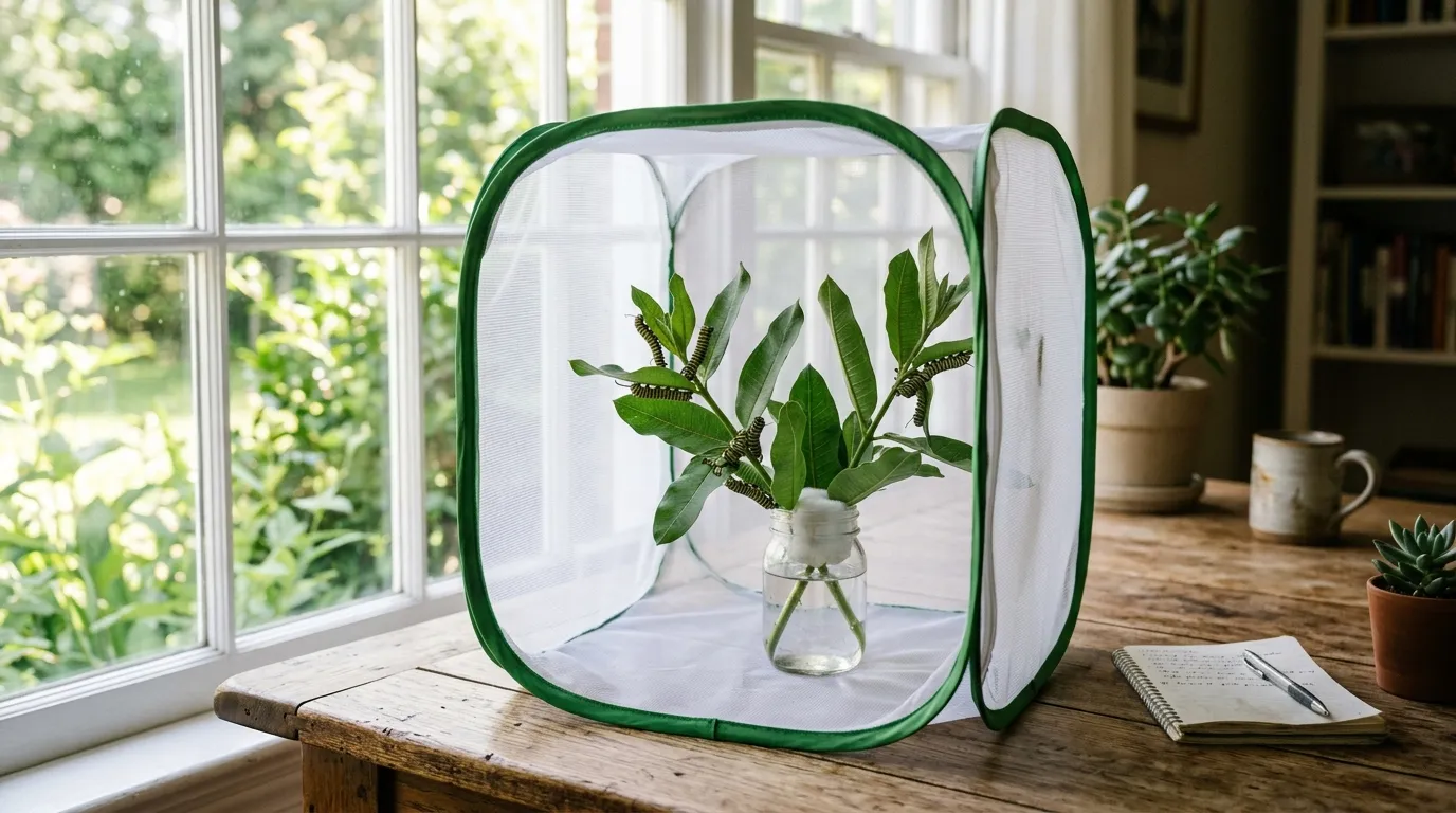 Popup mesh monarch butterfly cage with milkweed cuttings and caterpillars inside on a wooden table near a bright window