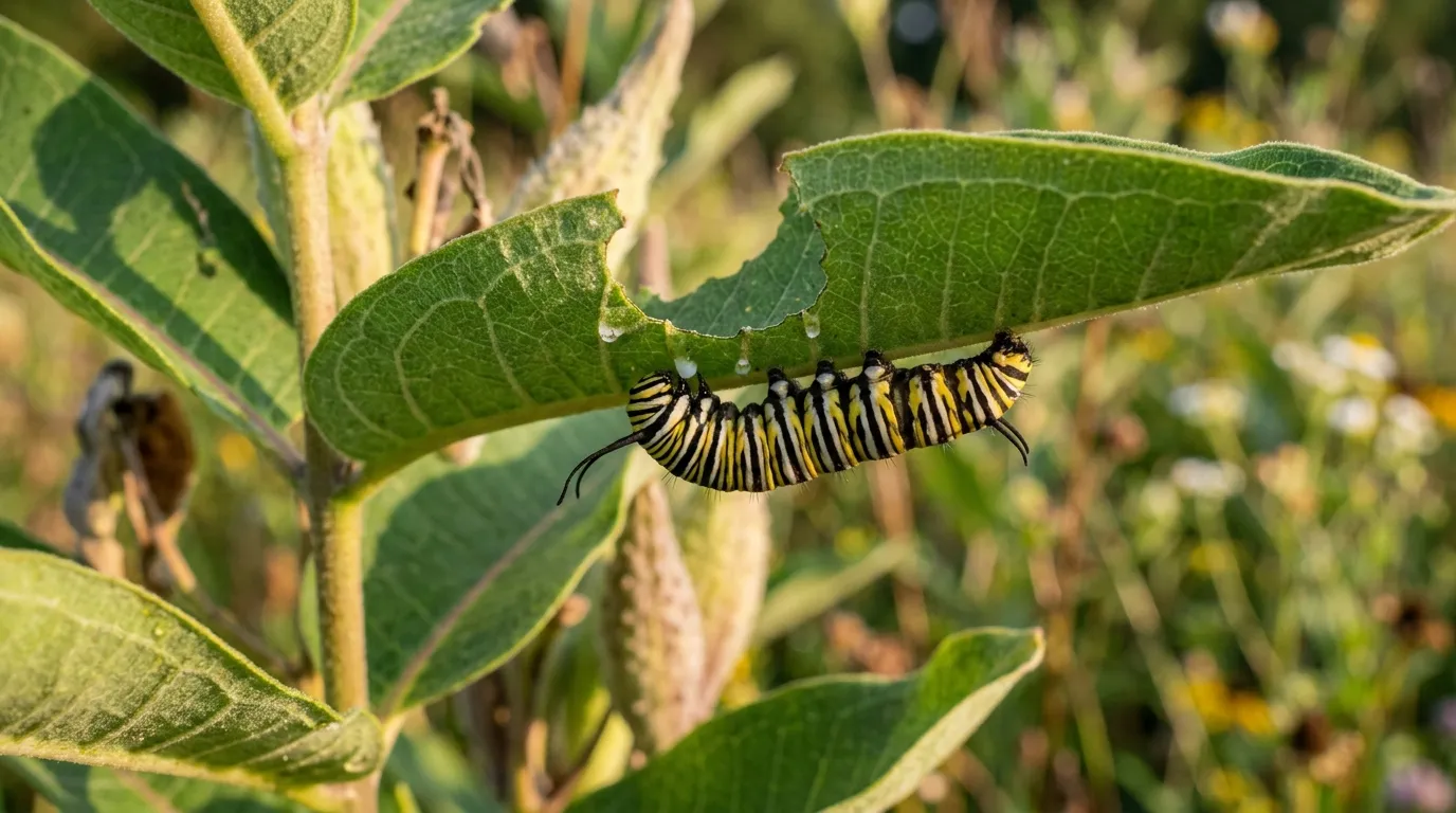 Monarch butterfly caterpillar feeding on a milkweed leaf showing chewed leaf edges and white latex sap