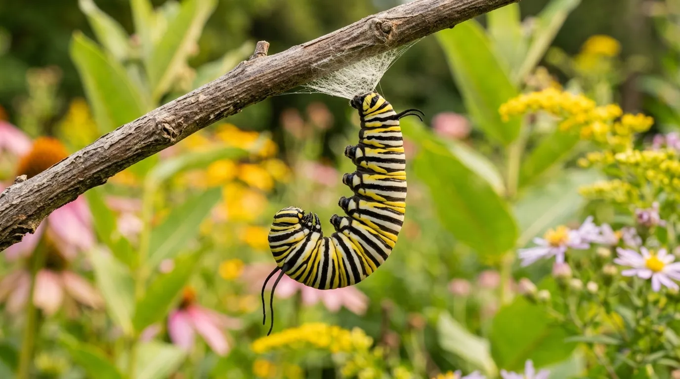Fifth instar monarch caterpillar hanging in J-shape preparing to form chrysalis
