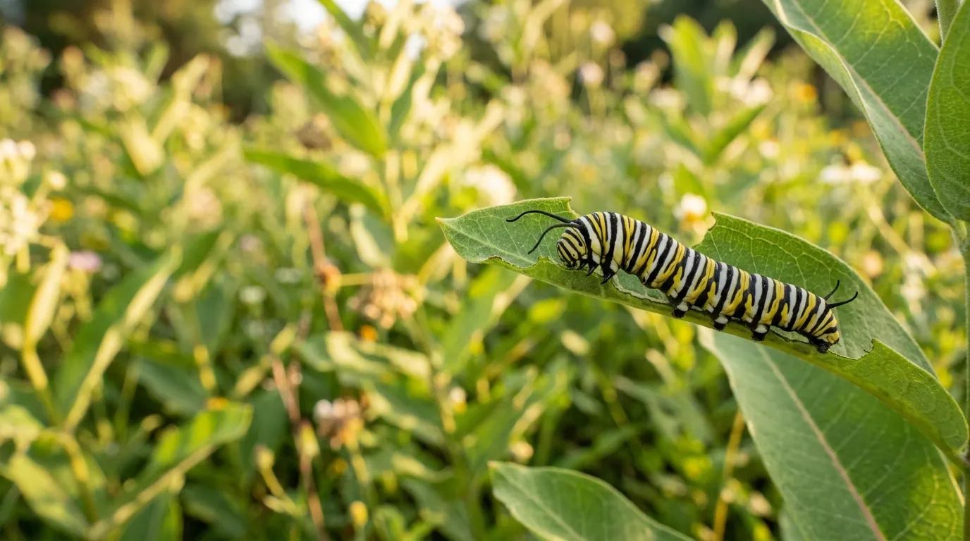 Monarch butterfly caterpillar with black white and yellow stripes feeding on a milkweed leaf in a sunny garden