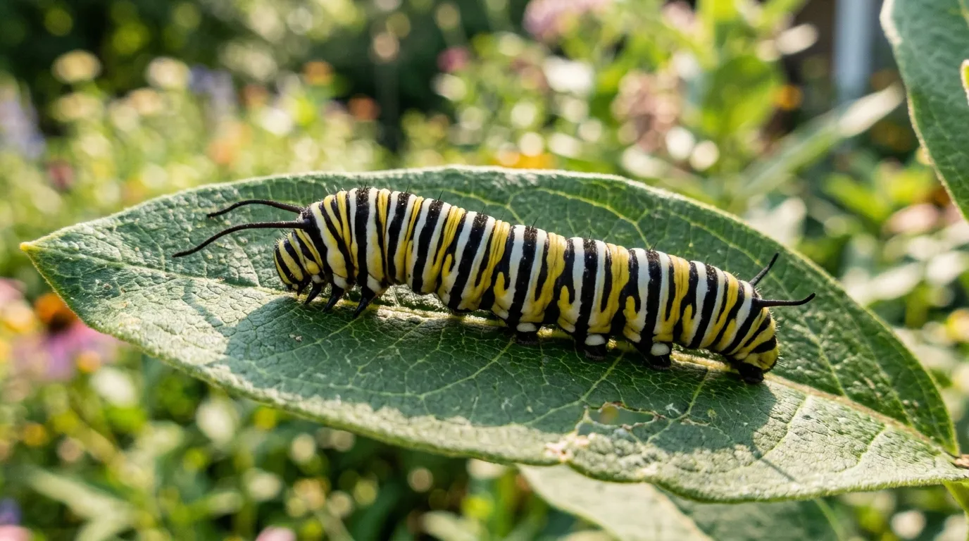 Monarch caterpillar with bold black white and yellow stripes crawling on a milkweed stem in bright daylight