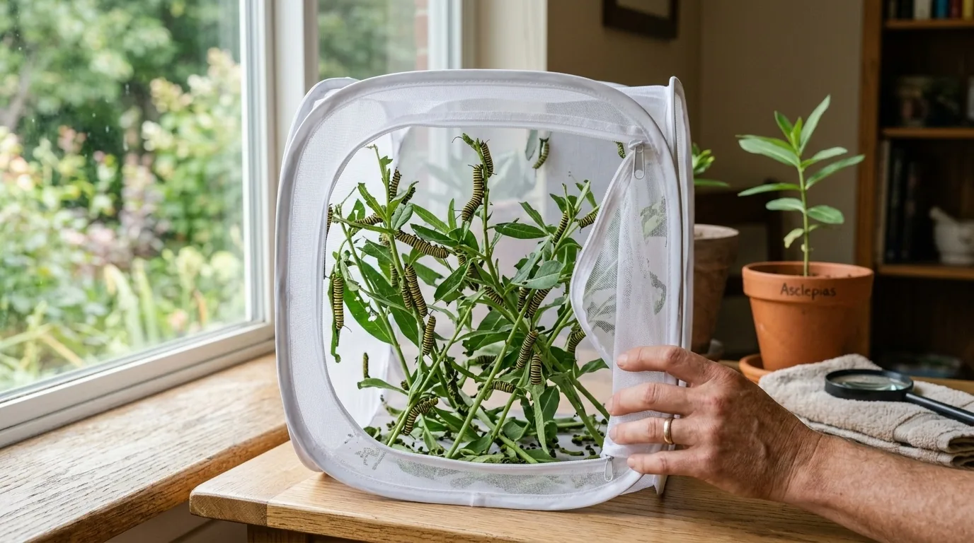 Monarch caterpillars being raised in a mesh rearing cage indoors with milkweed cuttings