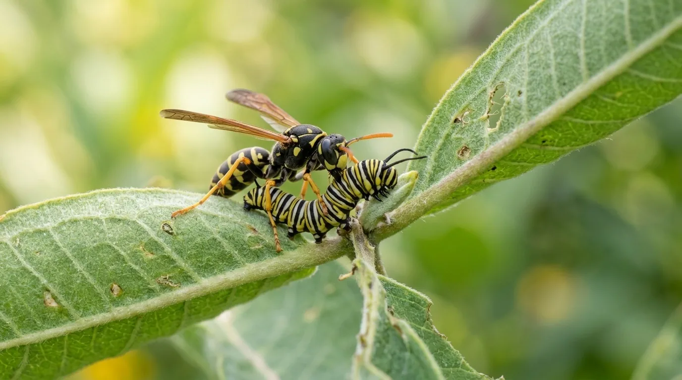 Predatory wasp attacking a small monarch caterpillar on a milkweed leaf