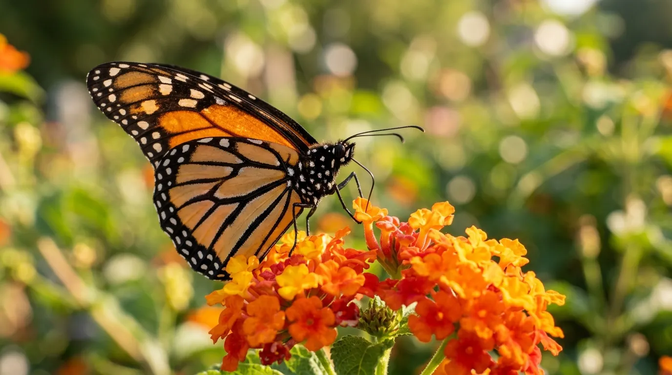 Monarch butterfly feeding on orange lantana flowers
