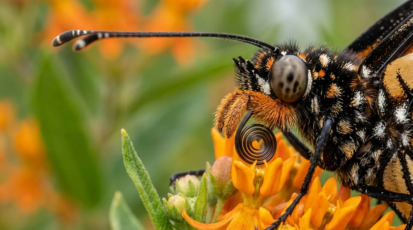 Extreme macro close-up of monarch butterfly head showing compound eye, coiled proboscis, and club-tipped antenna
