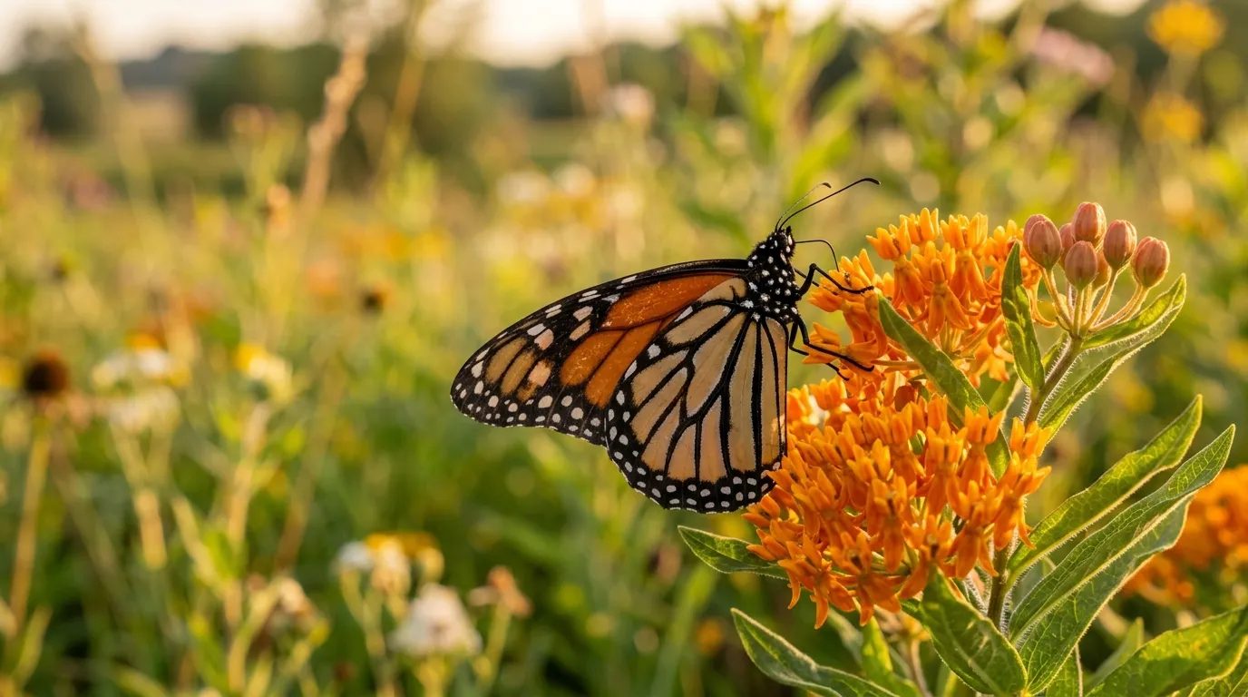 Monarch butterfly nectaring on milkweed flowers in a sunny prairie garden