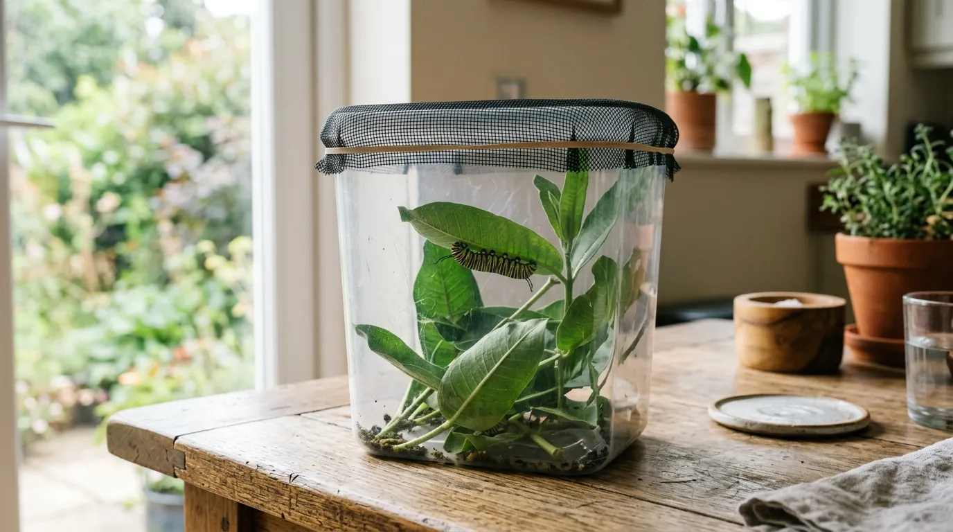 Clear plastic monarch rearing container with ventilation holes holding young caterpillars on a milkweed leaf