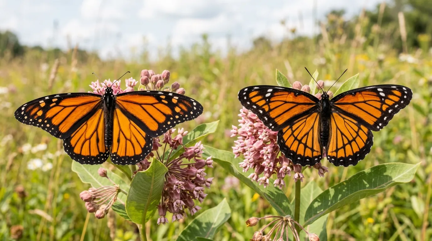 Monarch and Viceroy butterflies side by side showing mimicry with nearly identical wing patterns