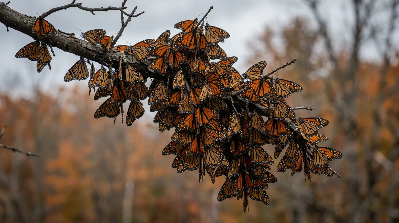 Monarch butterflies clustered together on tree branches during communal roosting