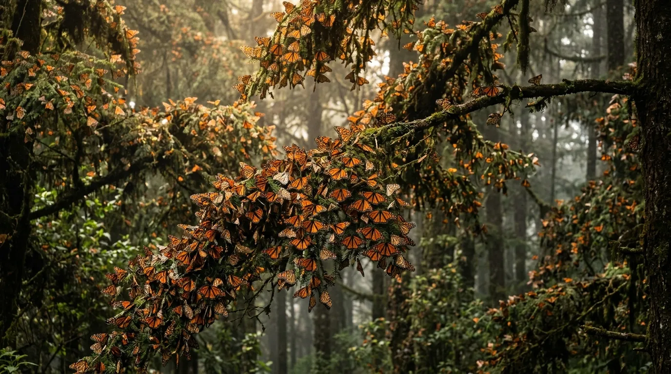 Monarch butterflies covering oyamel fir tree branches in a misty Mexican mountain forest