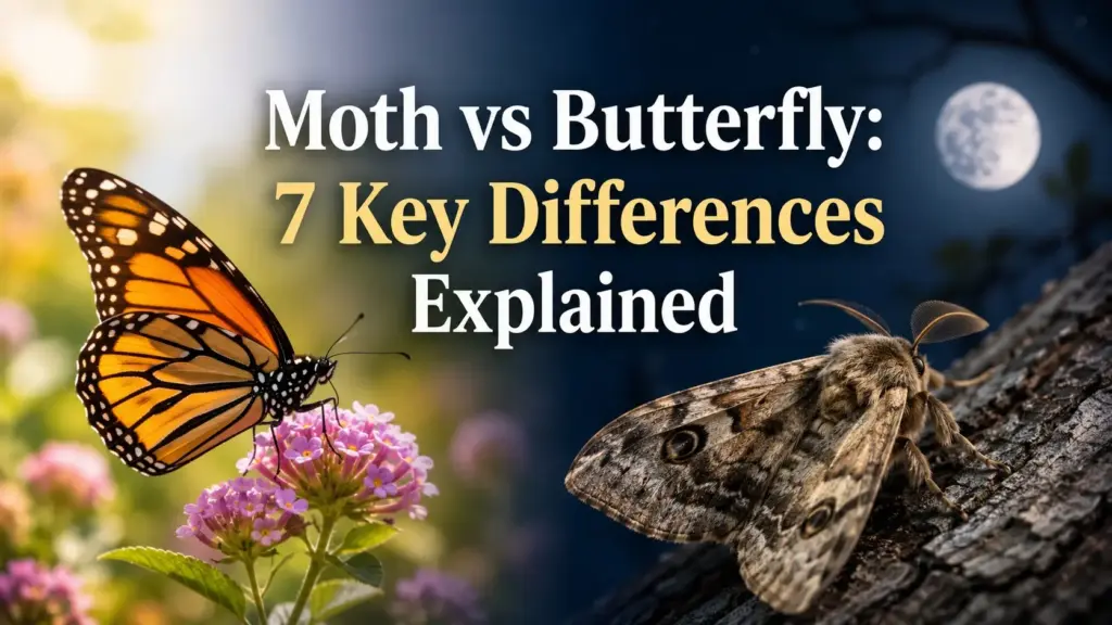 Moth vs butterfly 7 key differences featured image showing monarch butterfly on flowers in daylight and large moth on tree bark at night