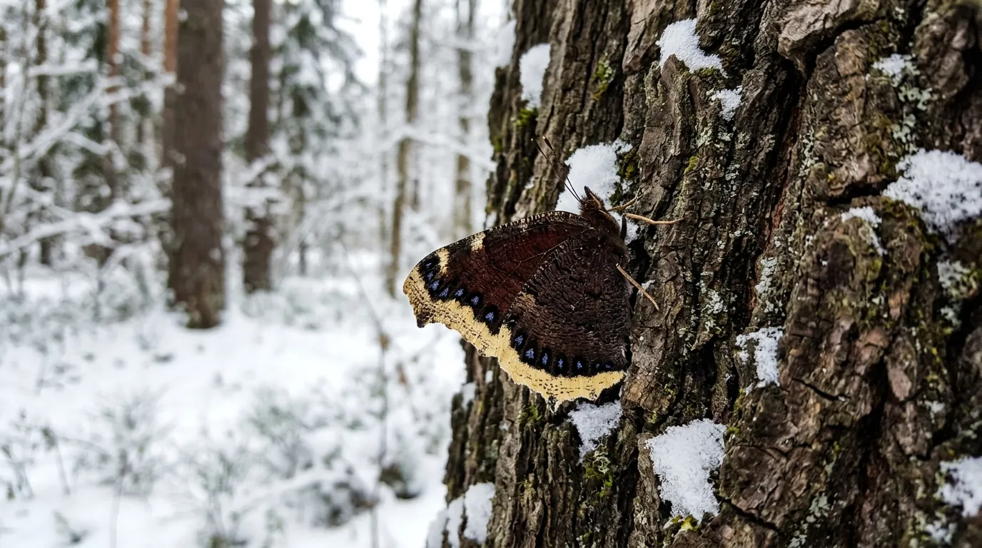 Mourning cloak butterfly with dark wings resting on tree trunk in winter with snow in background