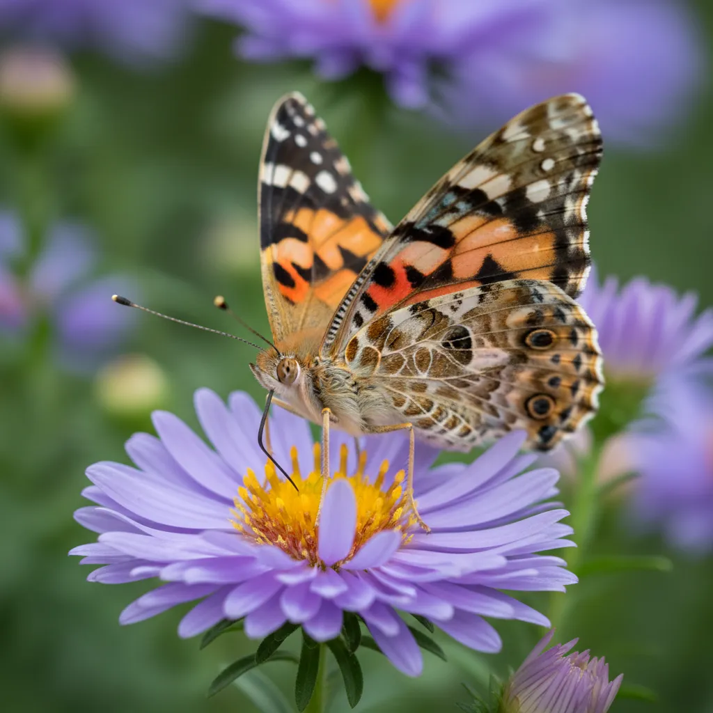 painted lady butterfly close-up on aster flower