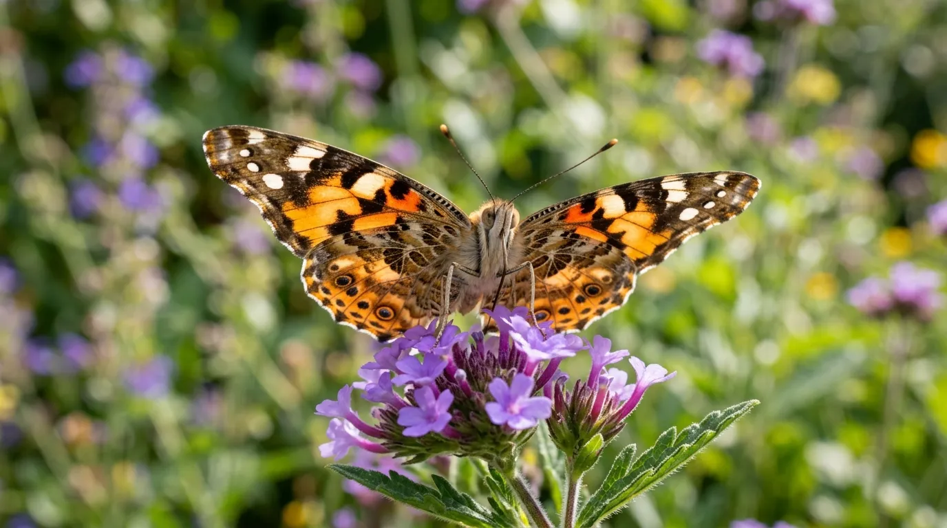 Painted lady butterfly with wings open showing orange and black pattern
