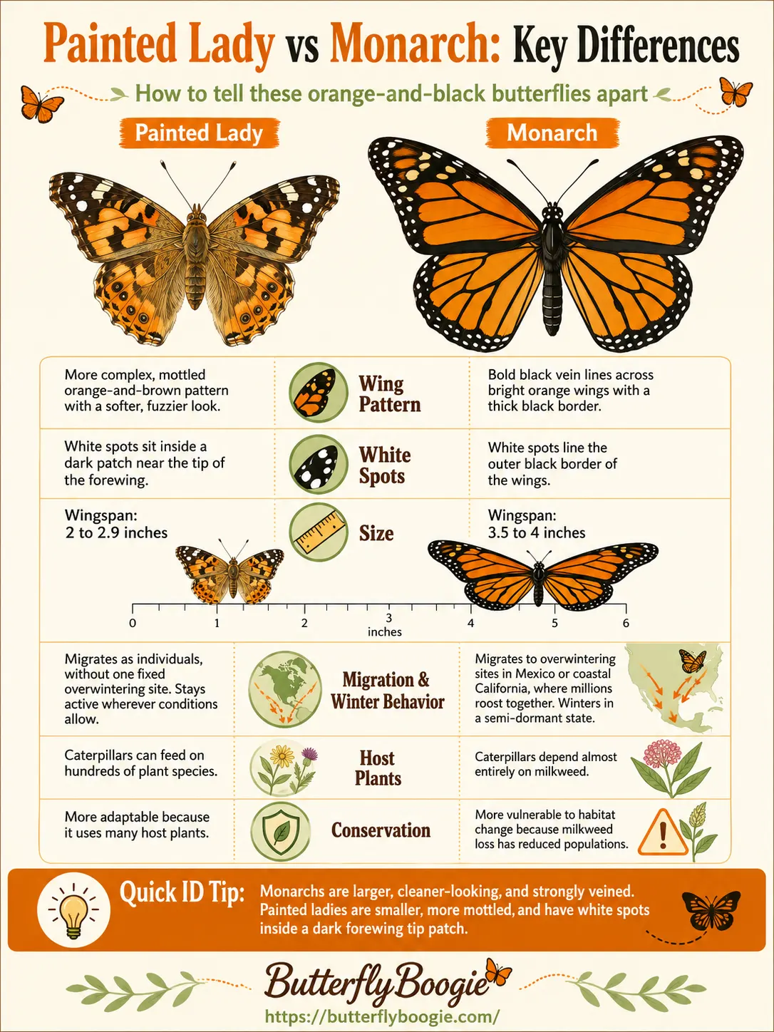 Side-by-side infographic comparing Painted Lady and Monarch butterflies, showing differences in wing color, pattern, size, and range