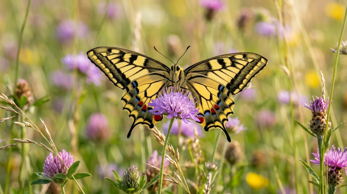 Papilio machaon gorganus swallowtail butterfly with wings open on a wildflower in a European meadow