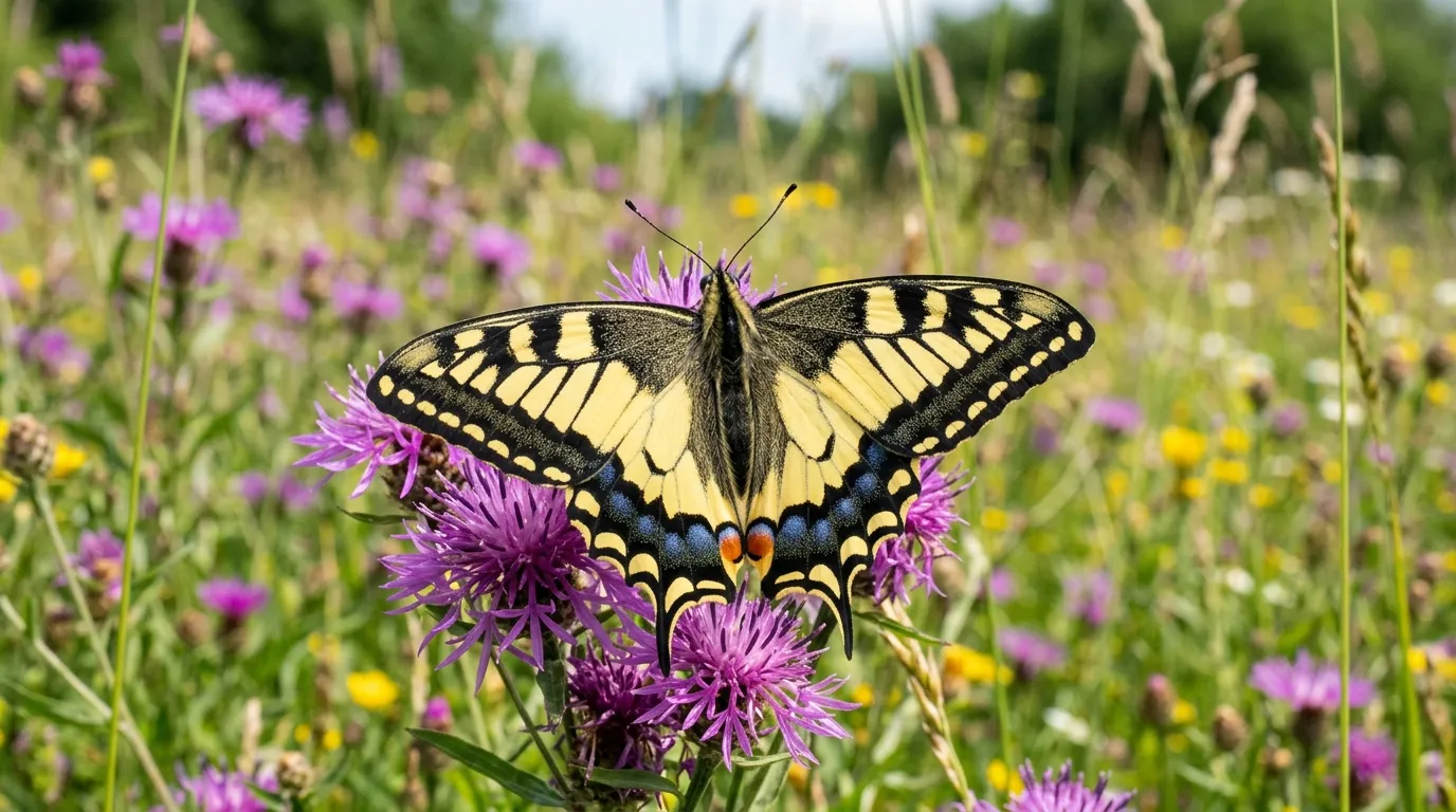 Papilio machaon Old World Swallowtail butterfly with yellow and black wings resting on a purple thistle flower in a sunlit meadow