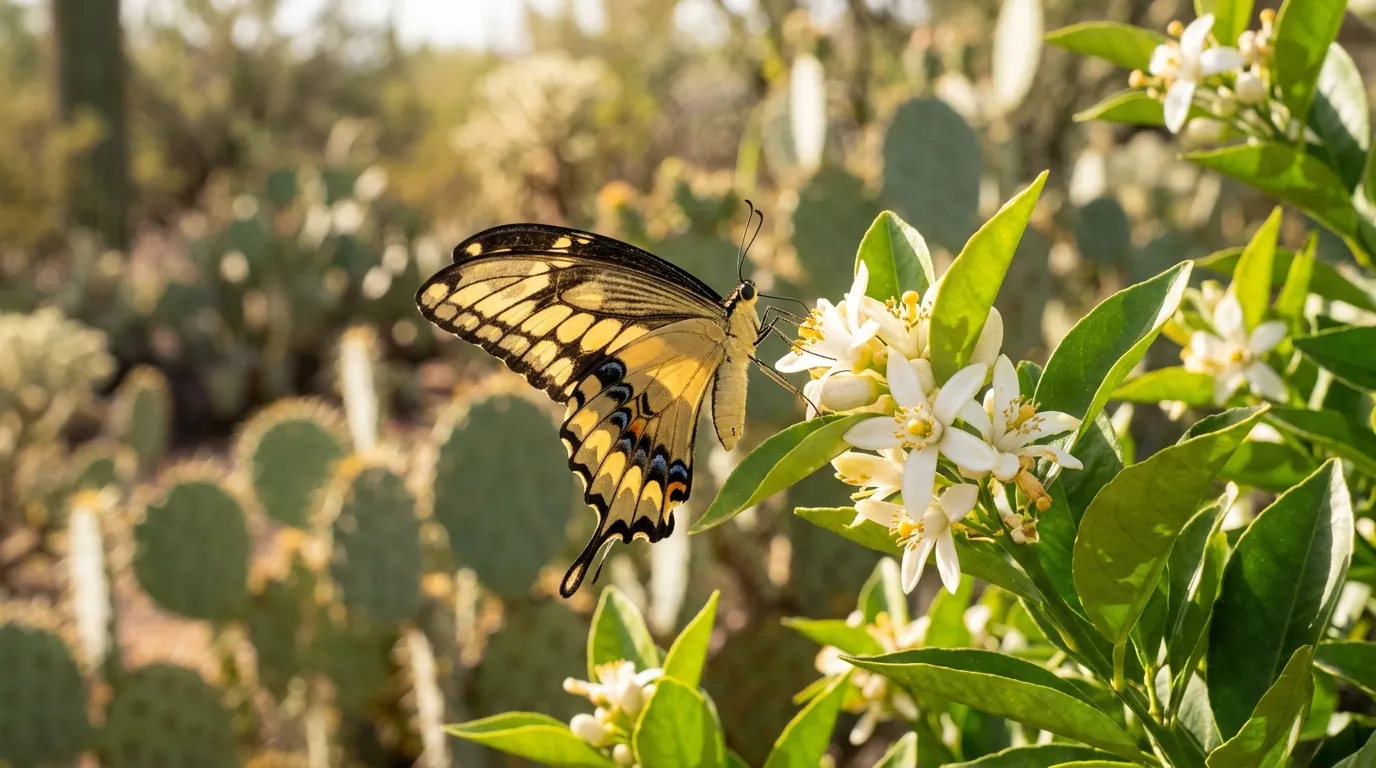 Western Giant Swallowtail butterfly (Papilio rumiko) perched on a citrus flower in a desert garden