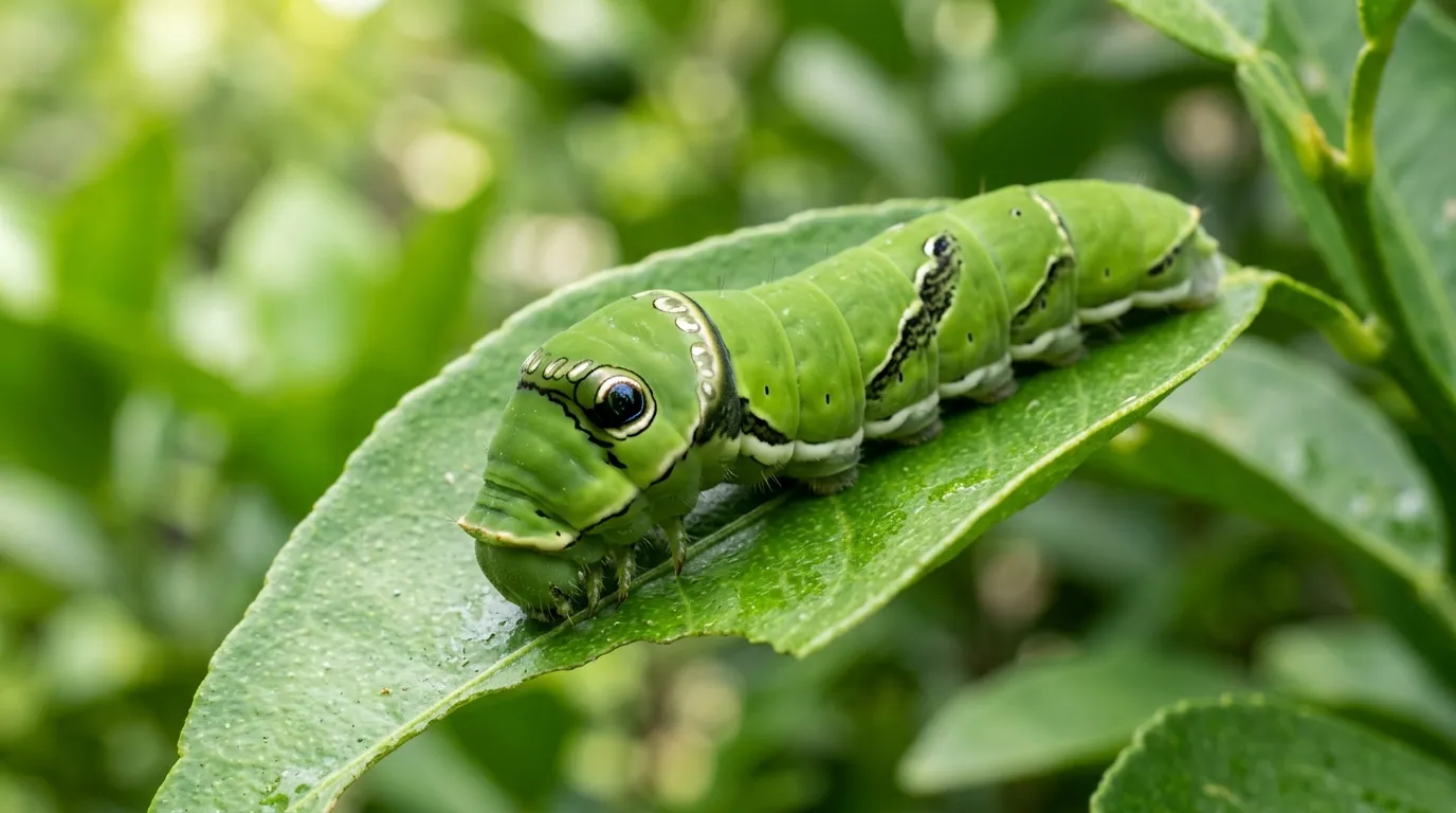 Green Papilio xuthus caterpillar on a citrus leaf showing eyespot markings