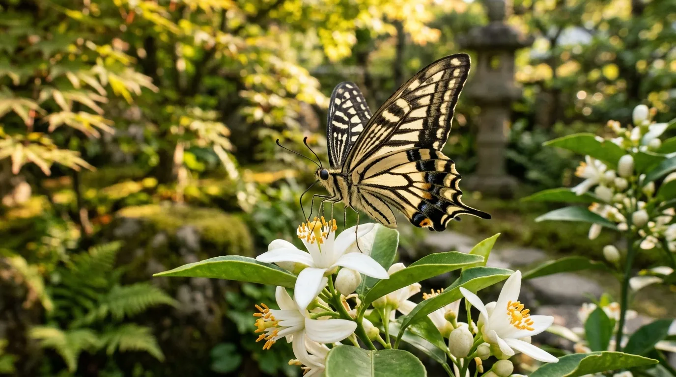 Papilio xuthus Asian swallowtail butterfly on a citrus flower in a Japanese garden