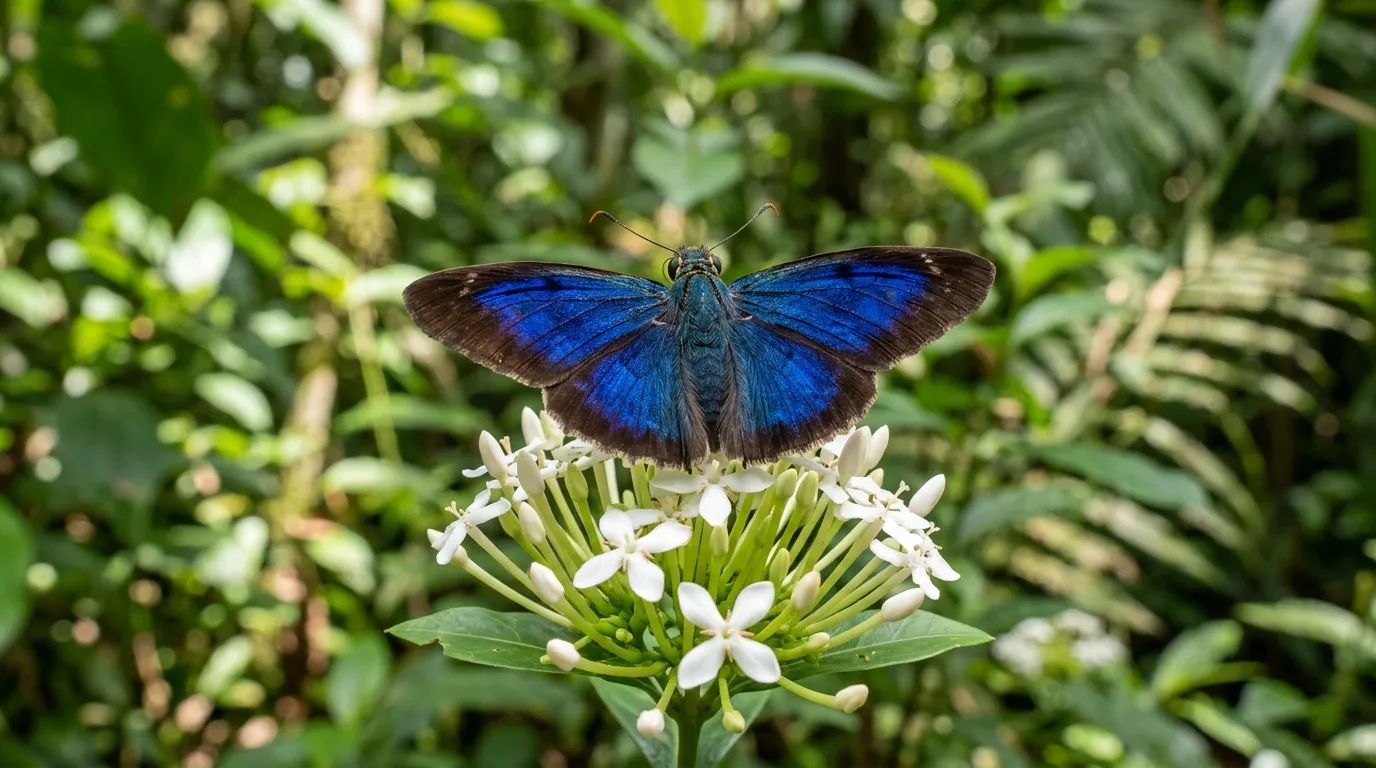 Paracleros biblia skipper butterfly with metallic blue iridescent wings on a white flower cluster