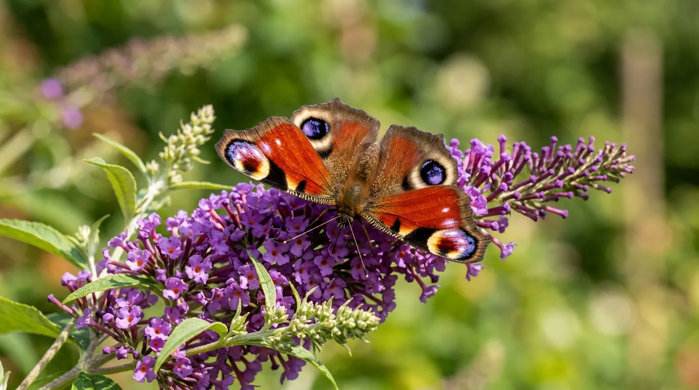 European Peacock butterfly displaying four bold eyespots on rusty red wings as a predator defense
