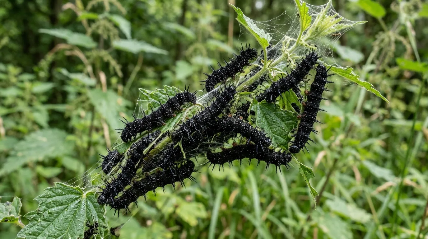 Black spiny Peacock butterfly caterpillars feeding together on stinging nettle leaves