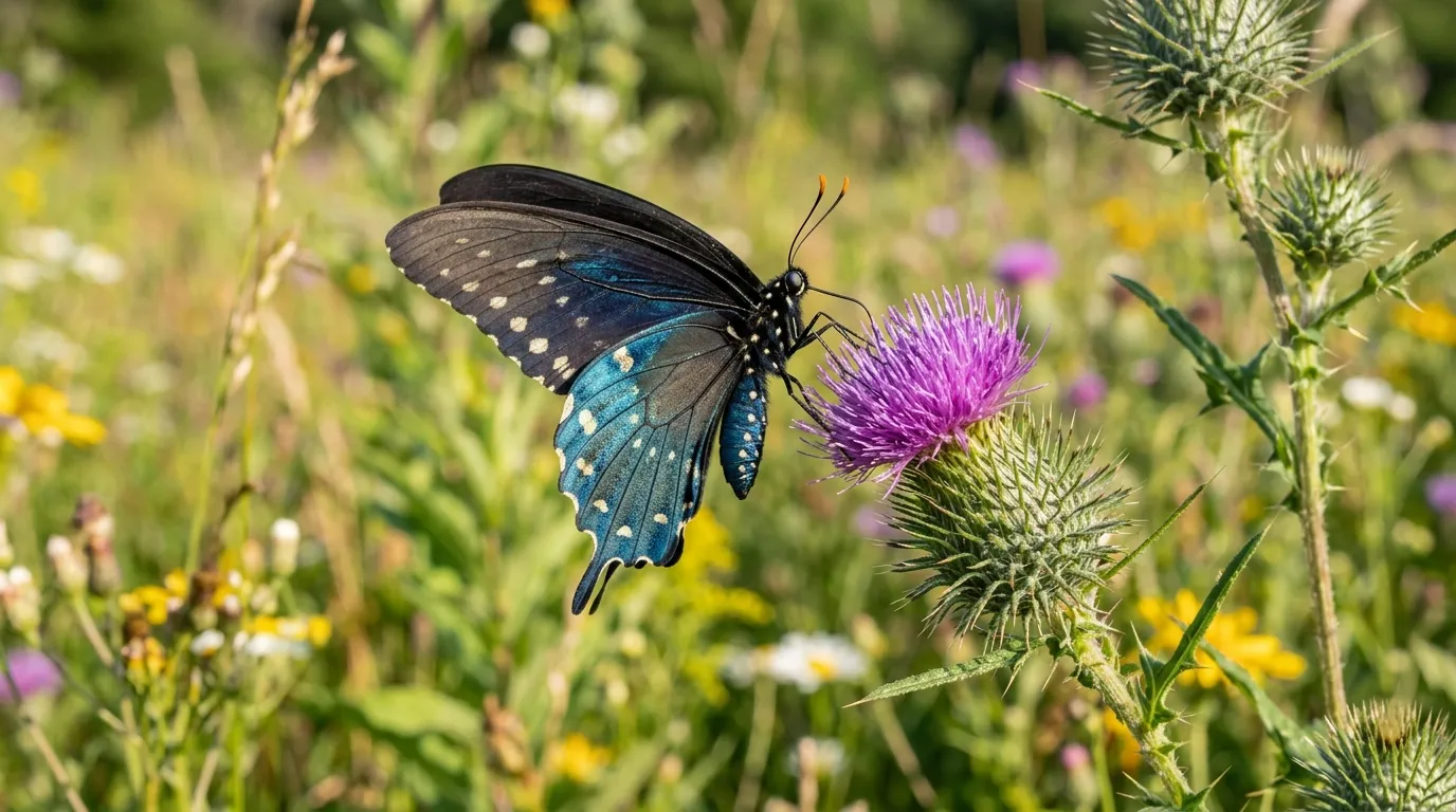 Adult pipevine swallowtail butterfly with iridescent blue-black wings drinking nectar from a purple thistle