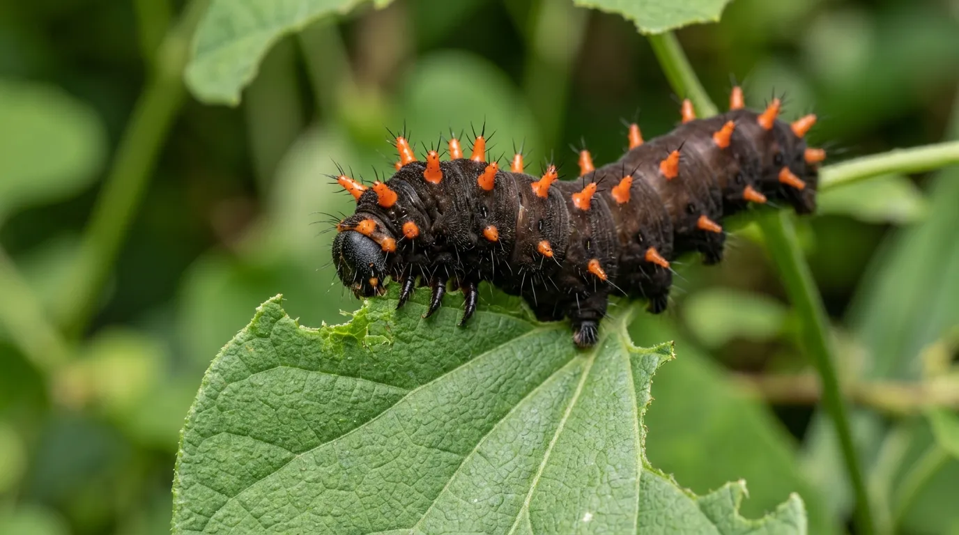 Pipevine swallowtail caterpillar with dark body and orange tubercles feeding on an Aristolochia leaf
