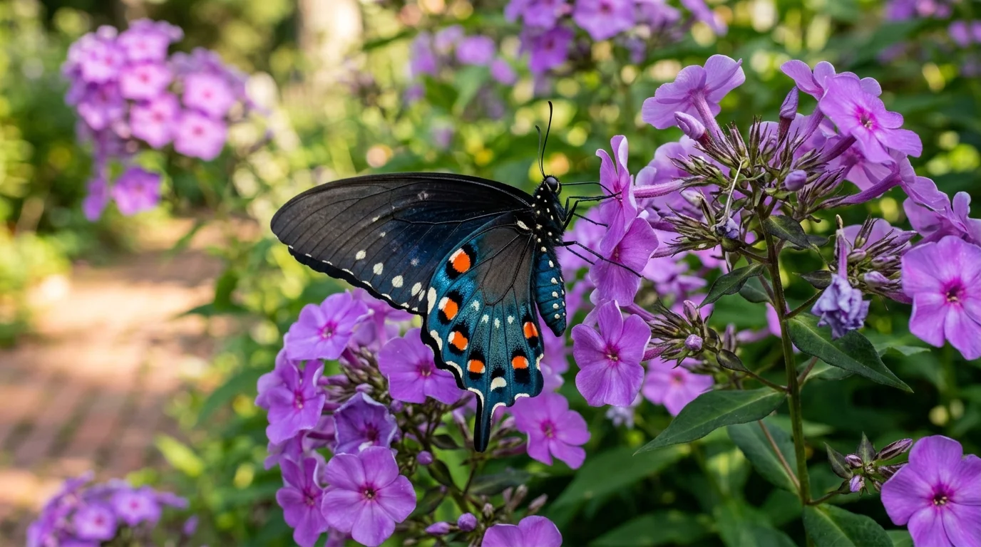 Pipevine swallowtail butterfly nectaring on pink phlox flowers in a sunny garden